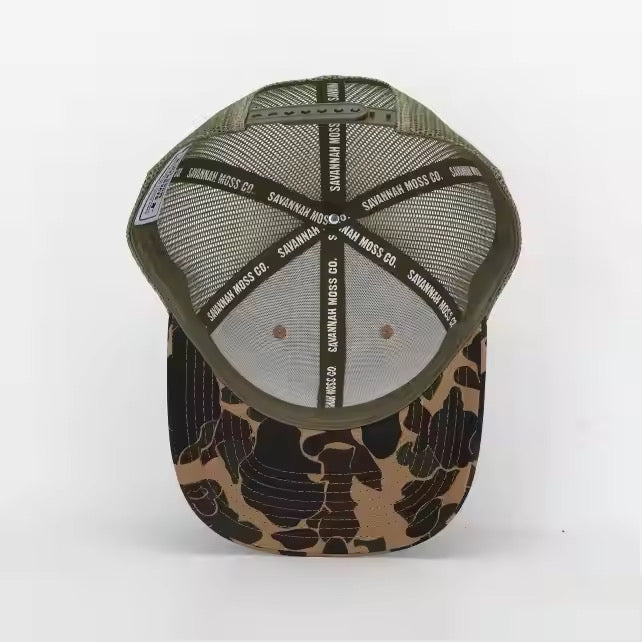 Retro Duck Camo/Light Green Leather Patch Trucker Hat