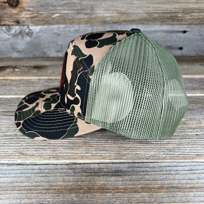 Broadhead Arrow Retro Duck Camo 7 Panel Leather Patch Trucker Hat - Savannah Moss Co.