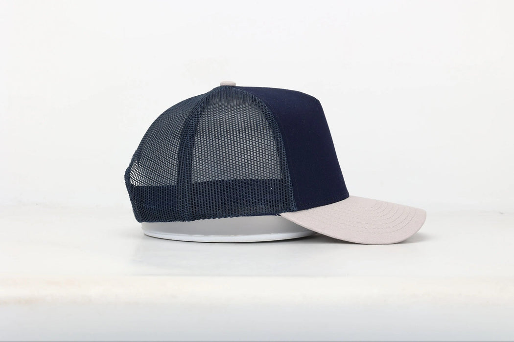 Custom Navy/Light Grey Five Panel SMCo Private Label Leather Patch Trucker Hat - Savannah Moss Co.