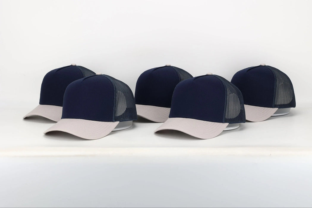 Custom Navy/Light Grey Five Panel SMCo Private Label Leather Patch Trucker Hat - Savannah Moss Co.