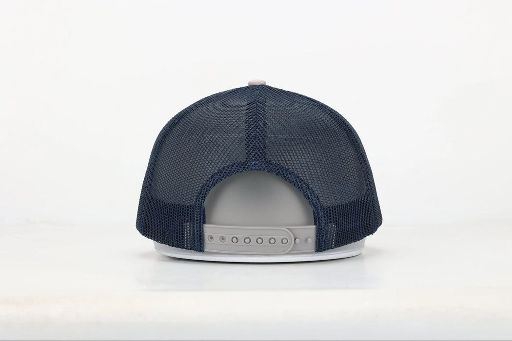 Custom Navy/Light Grey Five Panel SMCo Private Label Leather Patch Trucker Hat - Savannah Moss Co.