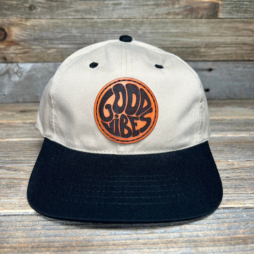 GOOD VIBES VINTAGE KHAKI/BLACK LEATHER PATCH HAT - Savannah Moss Co.