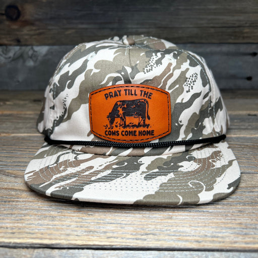 PRAY TIL THE COWS COME HOME Leather Patch Rope Duck Camo Snapback Hat - Savannah Moss Co.