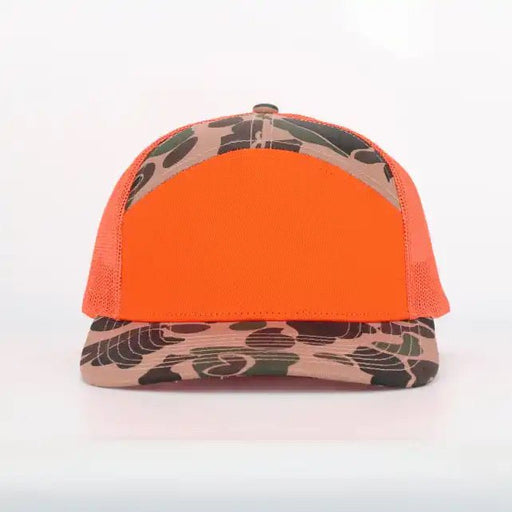 Retro Duck Camo/Blaze Orange 7 panel blank trucker hat - Savannah Moss Co.