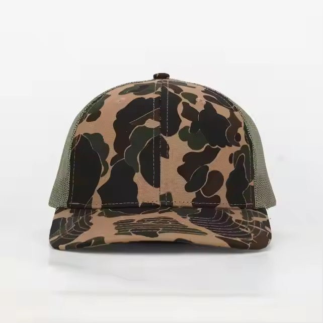 Retro Duck Camo/Light Green Leather Patch Trucker Hat - Savannah Moss Co.