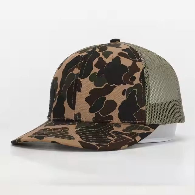 Retro Duck Camo/Light Green Leather Patch Trucker Hat - Savannah Moss Co.