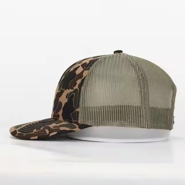 Retro Duck Camo/Light Green Leather Patch Trucker Hat - Savannah Moss Co.