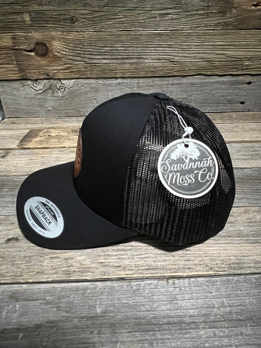 Sewing Down South Leather Patch Trucker, Black on Black