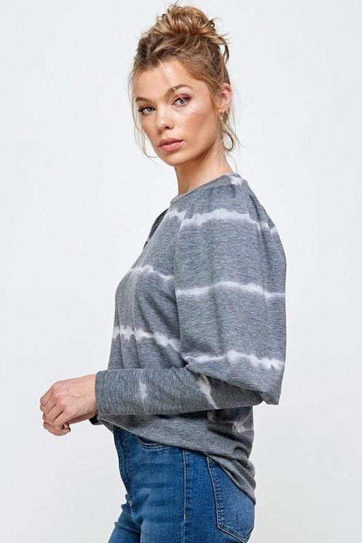 LADIES' DARK GREY TIE DYE STRIPE ROUND NECK BUBBLE LONG SLEEVE TOP - Savannah Moss Co. Clothing & Goods Boutique