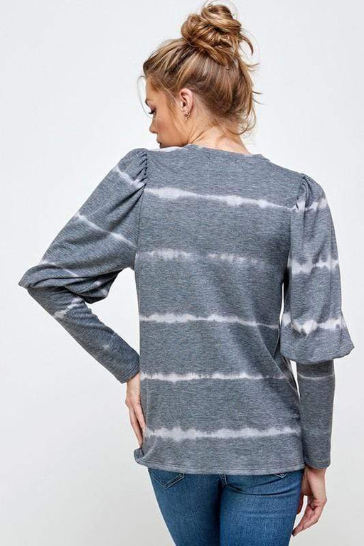 LADIES' DARK GREY TIE DYE STRIPE ROUND NECK BUBBLE LONG SLEEVE TOP - Savannah Moss Co. Clothing & Goods Boutique