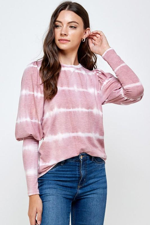 LADIES' MAUVE TIE DYE STRIPE ROUND NECK BUBBLE LONG SLEEVE TOP - Savannah Moss Co. Clothing & Goods Boutique