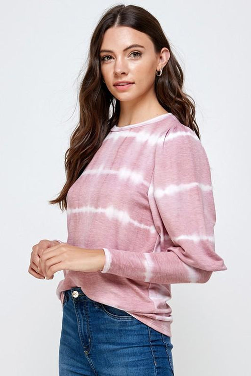 LADIES' MAUVE TIE DYE STRIPE ROUND NECK BUBBLE LONG SLEEVE TOP - Savannah Moss Co. Clothing & Goods Boutique