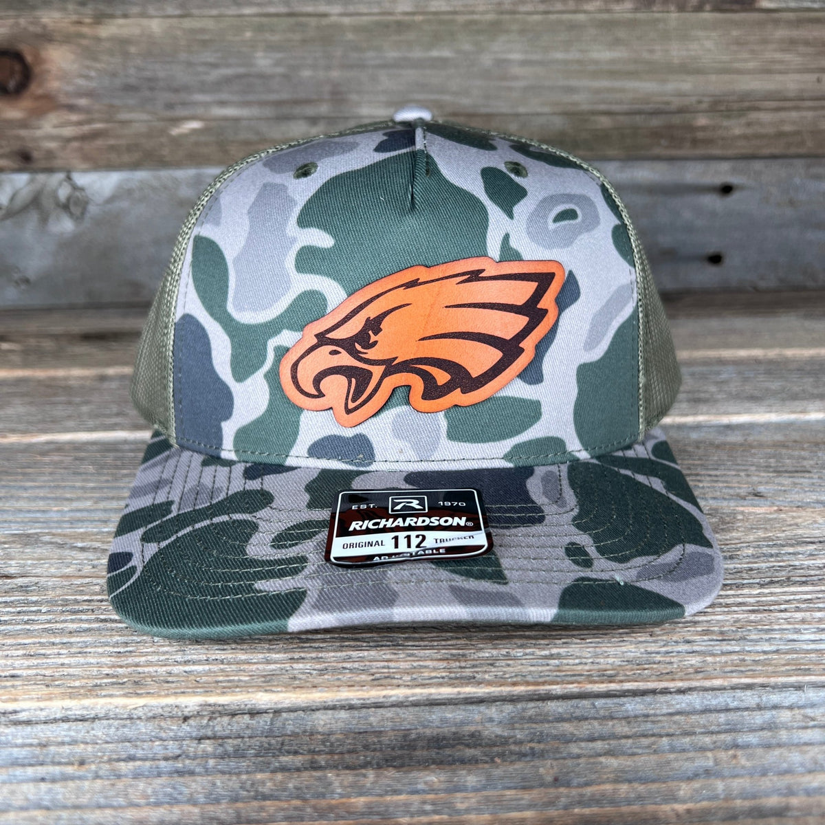 Philadelphia Eagles Camo Richardson Leather Patch Trucker Hat Savannah Moss Co