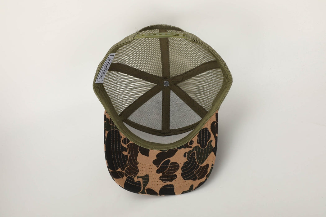 Retro Duck Camo 7 Patch Trucker Moss Leather Custom — Savannah Hat Panel