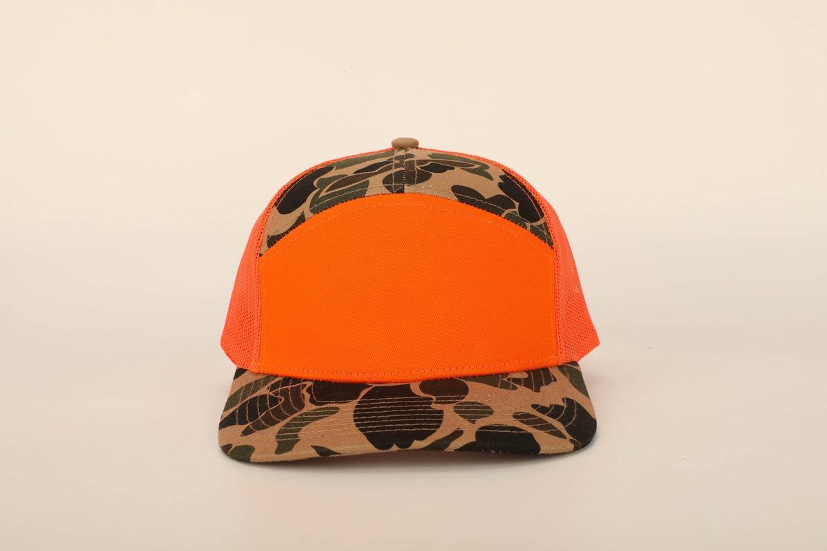 Savannah Moss Orange/Duck patch Blaze leather 7 Co Camo trucker panel hat